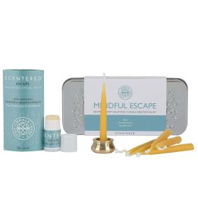 Scented Aromatherapy Balm & Meditation Candle Set - Mindful Escape Relaxation - x12 Beeswax Candles with Brass Holder & x1 Essential Oil Blend Balm
